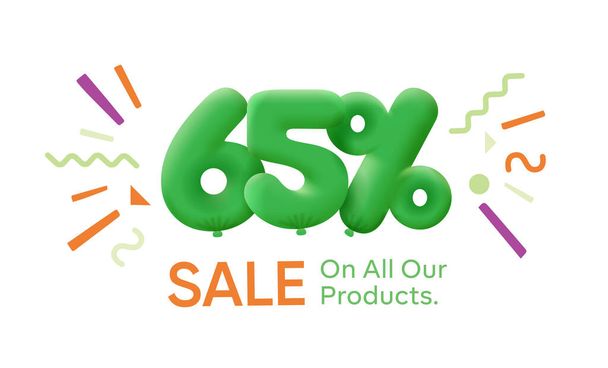 Ειδική προσφορά πώλησης 65% έκπτωση 3D αριθμός Πράσινο tag απεικόνιση κουπόνι. Διαφημιστικό κουπόνι καλοκαιρινής πώλησης διαφημιστικό banner εορταστικό Σαββατοκύριακο - Φωτογραφία, εικόνα