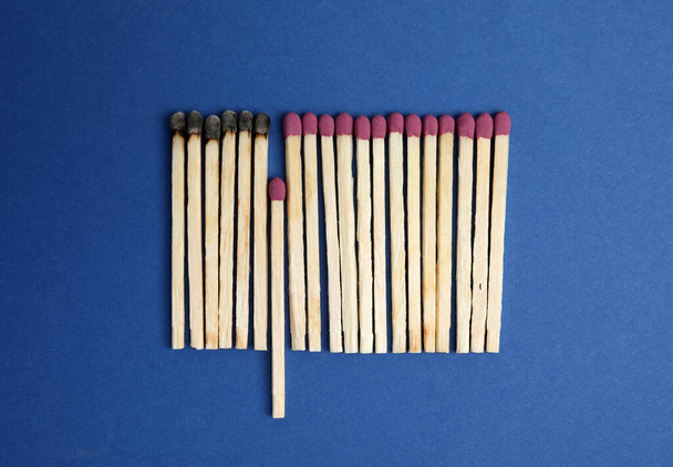 Flat lay composition with burnt and whole matches on blue background - 写真・画像