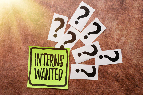 Text caption presenting Interns Wanted. Conceptual photo Looking for on the job trainee Part time Working student Writing Inquiries And Thinking Of New Ideas, Breaking Confusion And Mystery - Photo, Image