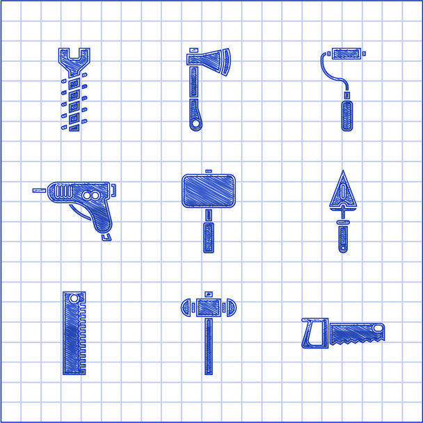 Set Vorschlaghammer, Handsäge, Kelle, Lineal, elektrische Heißklebepistole, Farbwalzenpinsel und Metallic-Schraubensymbol. Vektor - Vektor, Bild