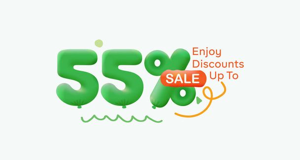 Special offer sale 55  % discount 3D number Green tag voucher illustration. Discount season label promotion advertising summer sale coupon promo marketing banner holiday weekend - Photo, Image