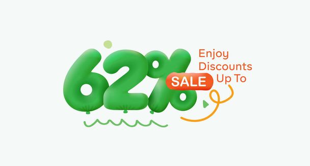 Special offer sale  62 % discount 3D number Green tag voucher illustration. Discount season label promotion advertising summer sale coupon promo marketing banner holiday weekend - Photo, Image