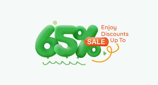 Special offer sale 65 % discount 3D number Green tag voucher illustration. Discount season label promotion advertising summer sale coupon promo marketing banner holiday weekend - Photo, Image