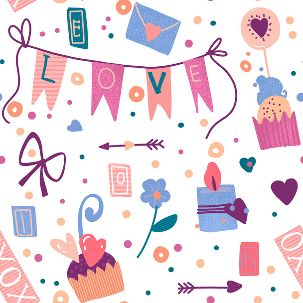 Motif sans couture avec guirlande, drapeaux, cupcake, bougie, arc, flèche, fleurs, lettre, coeur, points.  - Photo, image