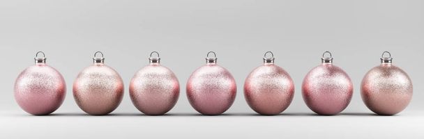 Christmas balls glitter pink on grey background. 3D illustration - Fotoğraf, Görsel