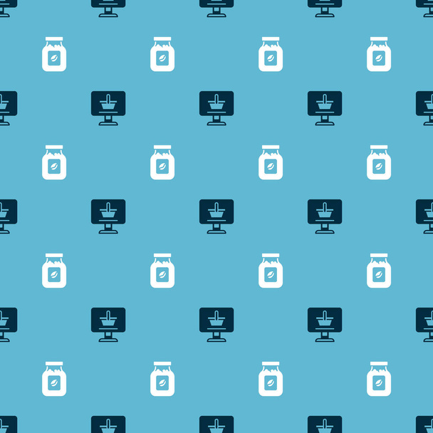 Set Shopping cart on computer and Coffee jar bottle on seamless pattern. Vector - Vector, Image