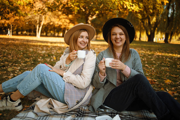 Piękni przyjaciele spędzają czas na kocu piknikowym na trawie. Dwie młode, beztroskie, uśmiechnięte siostry robiące piknik jedząc owoce i ser na zewnątrz jesiennego parku. - Zdjęcie, obraz