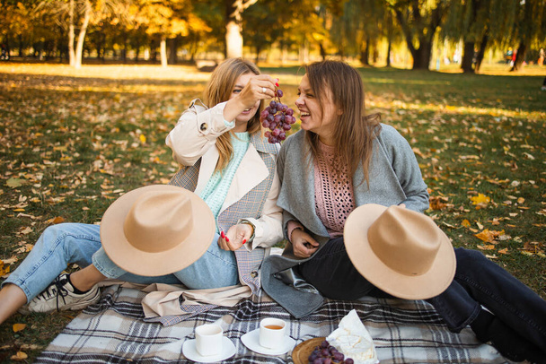 Όμορφοι φίλοι περνούν χρόνο σε μια κουβέρτα πικνίκ στο γρασίδι. Δύο νεαρές ξέγνοιαστες χαμογελαστές αδελφές κάνουν πικ-νικ τρώγοντας φρούτα και τυρί έξω στο πάρκο φθινόπωρο. - Φωτογραφία, εικόνα