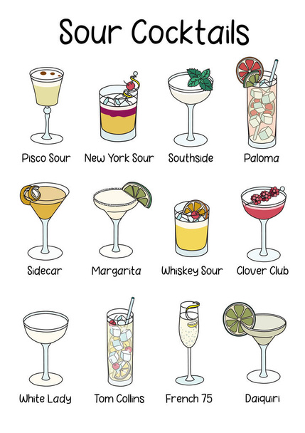 Collection set of classic famous sour cocktail such as Whiskey or New York Sour, Clover Club, Paloma, Margarita, Daiquiri, Sidecar. A4 A3 international paper size picture for posters, bar menu decor - Vektor, kép