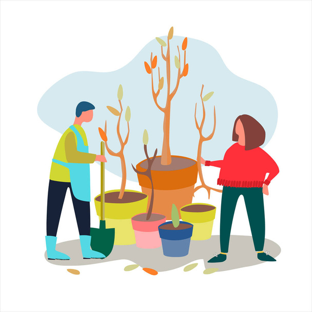 Gente plantando plántulas de árboles ilustración vectorial. Concepto de trabajo de otoño. Plántulas de árboles anuncio de ventas - Vector, Imagen