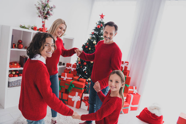 Portrait of beautiful handsome cheerful adorable family spending eve dancing having fun rest advent December at home house indoors - Φωτογραφία, εικόνα