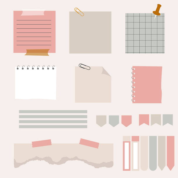 Paper sticky notes with elements planning set. Blank notes memo messages. Notebook collection with curled corners, push pins. Various linear tag business office, writing reminds. Isolated vector - Vecteur, image