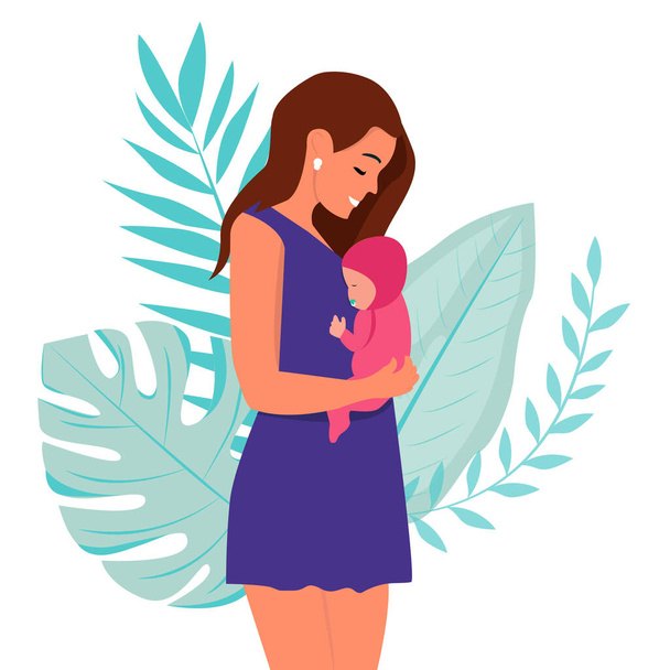 Mujer sosteniendo bebé recién nacido, concepto vector ilustración en lindo estilo de dibujos animados, salud, cuidado, maternidad - Vector, imagen