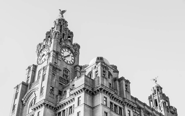 Image HDR monochrome du Royal Liver Building qui domine l'horizon de Liverpool vue en août 2021. - Photo, image