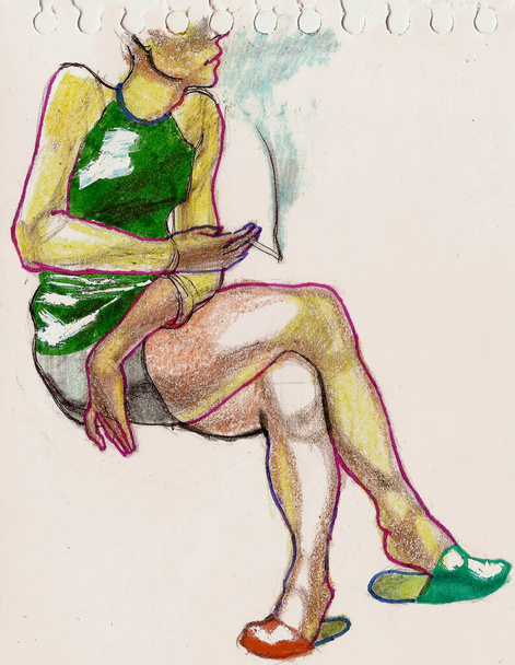 Portrait of a slender young man in a T-shirt and shorts with a cigarette in his hands, drawn with colored pencils, a gel pen, a proofreader and felt-tip pens on paper - Photo, image