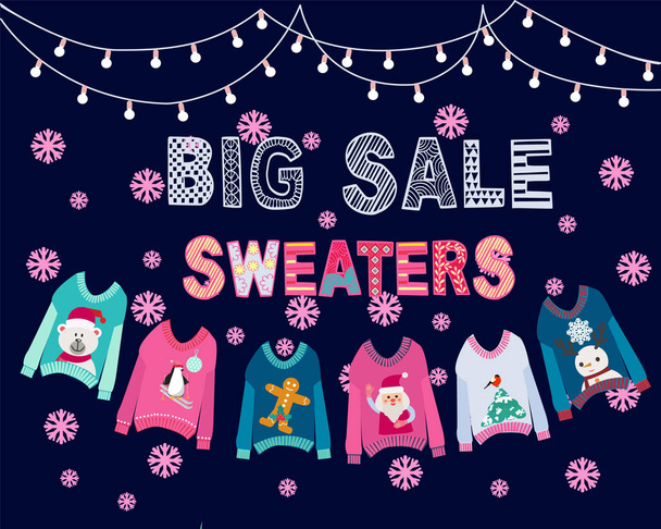 Vector hand drawn background with hanging ugly Christmas sweaters  and string lights. Big winter sale banner for shop, online store, supermarket, fair, boutique. - Vector, imagen