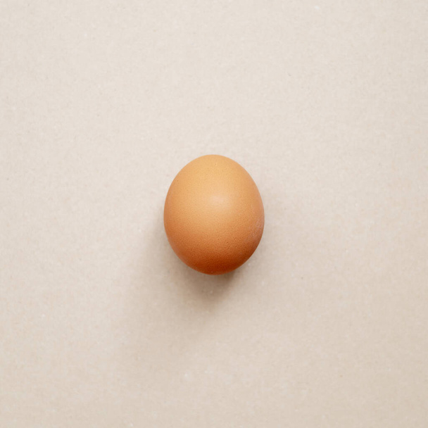 A beige chicken egg lies on a light background. Top view - Zdjęcie, obraz