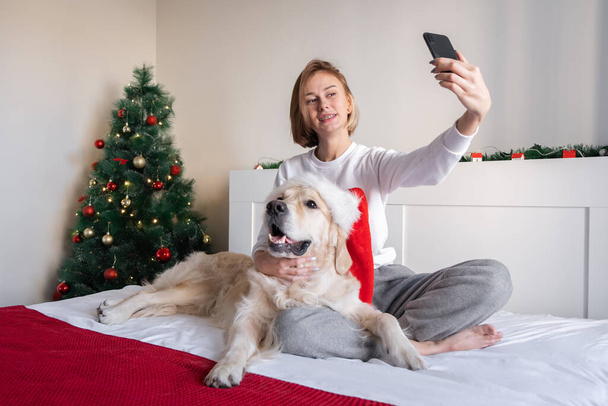 Nuoren naisen kuisti koiran kanssa joulutunnelmassa. Tyttö katsoo puhelinta Joulupukin hatussa kultaisen noutajan kanssa sängyllä joulukuusen lähellä.. - Valokuva, kuva