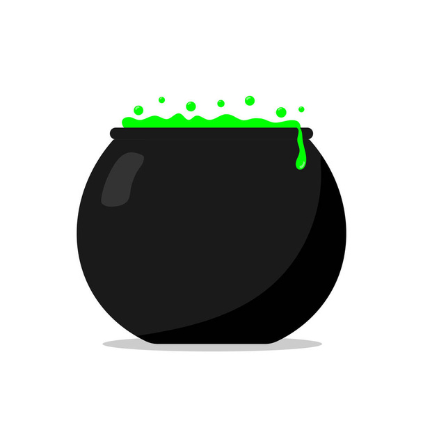 Witch cauldron with magic green potion. Witch pot. Traditional Halloween symbol. Icon logo design Flat style.  - Vektor, Bild