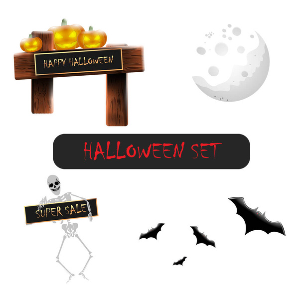 Halloween set, sinister pumpkins with a sign, the moon, bats and a skeleton with an inscription in his hand, isolated vector illustration - Vektör, Görsel