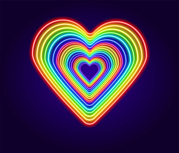 Neon heart made of multicolored lines. Vector isolated love symbol made of glowing repeating contours of red, blue, green, yellow and purple rainbow colors on a blue background for a love design template. Neon heart sign made of multicolored lines. V - Vector, imagen
