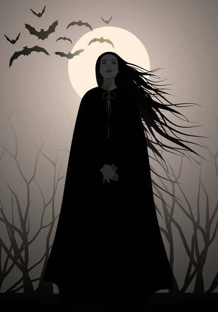 Silueta de mujer de pelo largo y negro, vestida de negro, de pie sobre un fondo de ramas secas, la luna y un grupo de murciélagos. - Vector, imagen