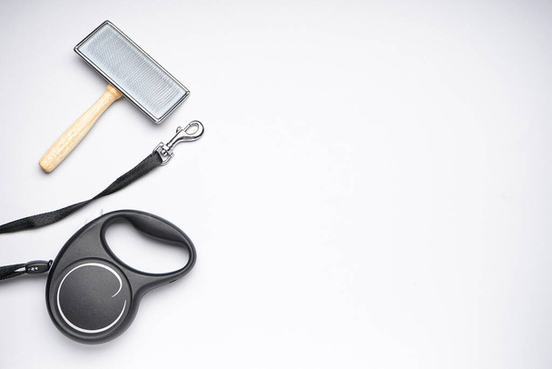 Black retractable leash and brush for dogs on a white background, space for text, flat lay. - 写真・画像