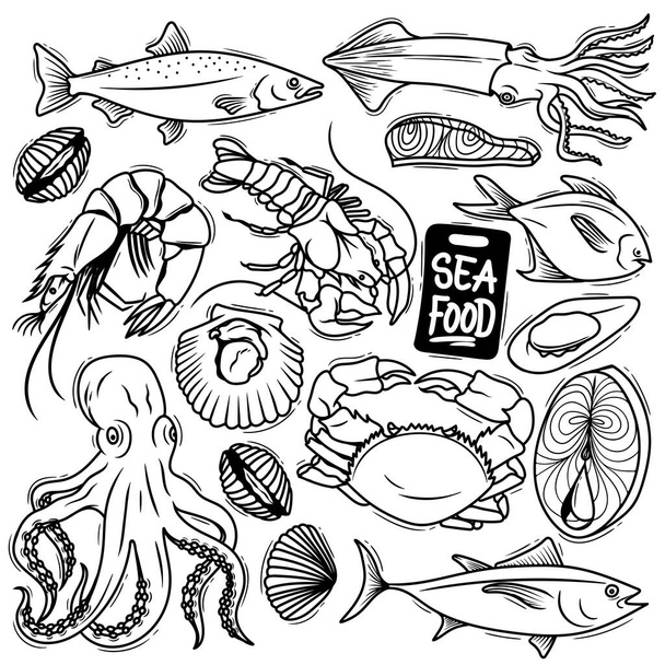 Set Seafood Hand Drawn Doodle - Vektör, Görsel