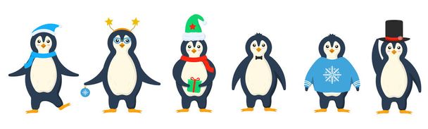 Penguins characters in warm clothes in flat design - Vetor, Imagem