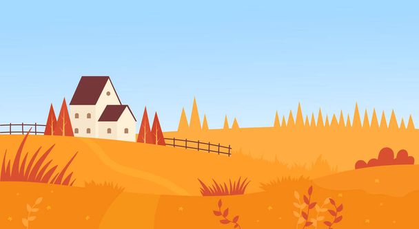 Farmhouse in autumn farm field, simple countryside landscape scene, yellow grass pasture - Vector, Image