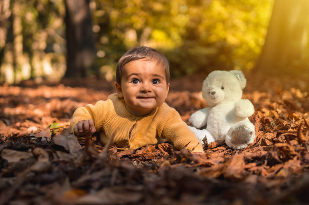 Boy with a white teddy bear in the park on an autumn sunset. Natural lighting, mid-year baby lying on the leaves of the trees - Fotoğraf, Görsel