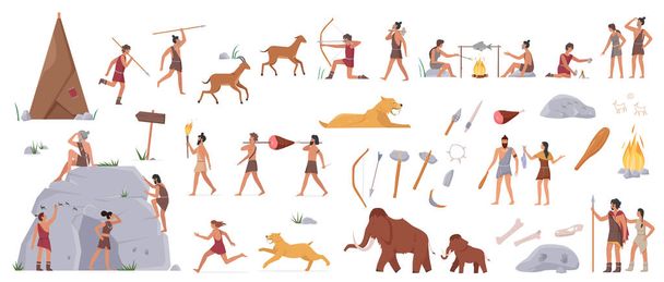 Esihistoriallinen kivikauden luola metsästäjä ihmisiä, ase työkaluja ja antiikin villieläimiä asetettu - Vektori, kuva