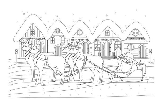 Babbo Natale cavalca con una borsa di regali in slitta su una slitta di renne. Case innevate decorate con ghirlande per le strade della città. La notte di Natale. Libro da colorare. - Vettoriali, immagini