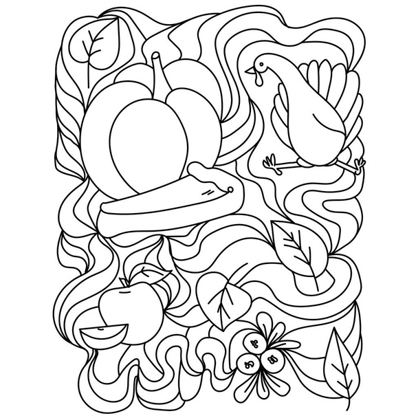 Thanksgiving coloring page, turkey, pie and pumpkin with ornate patterns vector illustration - Vetor, Imagem