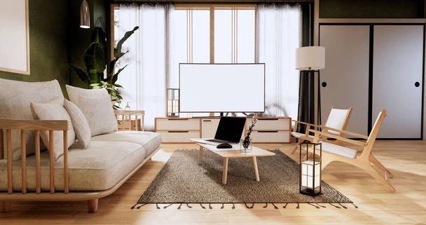 Cabinet in Living room with tatami mat floor and sofa armchair design.3D rendering - Φωτογραφία, εικόνα