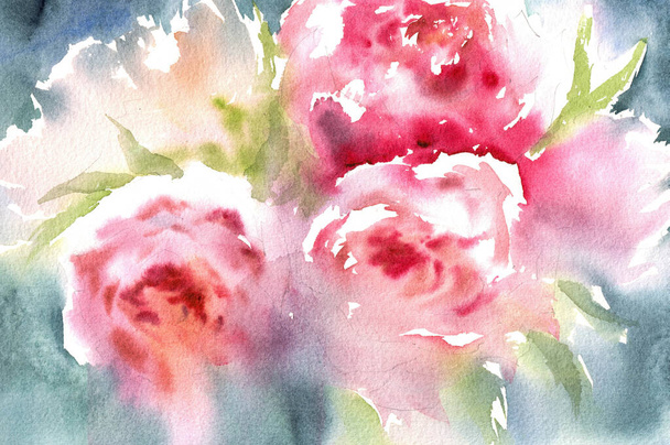 Watercolor illustration of blooming pink roses on light blue watercolor blurred background  - Foto, Imagem