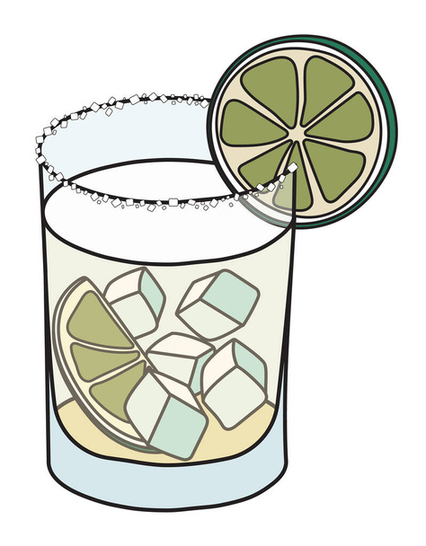 Классический коктейль "Новая эра" от Tommys Margarita в стакане для стаканов. Напиток на основе текилы украшенный ломтиком лайма и соленой ободкой. Стильный рисунок вектор рисунка каракули хорошо подходит для карт, украшения меню - Вектор,изображение