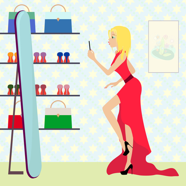 Illustrazione a colori brillante con ragazza alla moda che scatta una foto di selfie nello specchio nel negozio
 - Vettoriali, immagini