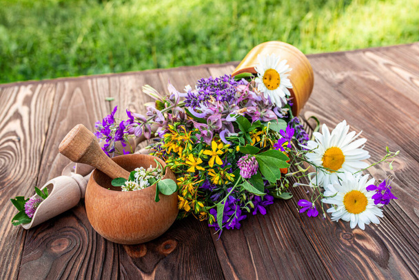 Summer medicinal herbs - St. John's wort, chamomile, clover near wooden mortar. Preparation of medicines from natural plants by herbalists - 写真・画像
