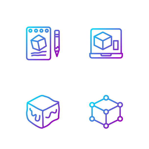 Définir la ligne cube isométrique,, Croquis sur papier et imprimante 3D. Icônes de couleurs dégradées. Vecteur - Vecteur, image