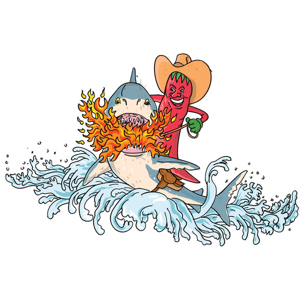 Винтажный стиль татуировки иллюстрация ковбоя горячий перец чили верхом на большой белой акуле дышит огнем на седле прыгая с волнами на изолированном белом фоне сделано в полном цвете. - Вектор,изображение