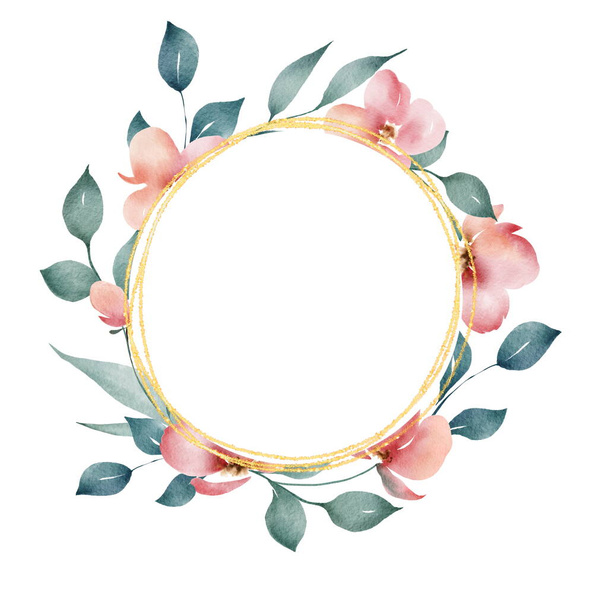 Round flower frame. Digital illustration. Poppy flowers - Foto, afbeelding