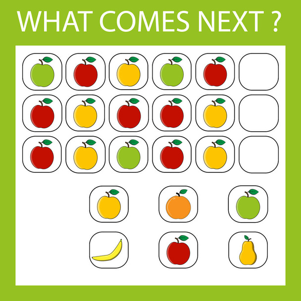 An educational activity for children - to make a logical chain of fruits apples, oranges, bananas, pears, lemons. Which fruit is next? - Photo, Image