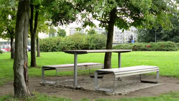 lavičky v parku (tráva a stromy) - sídliště s automobily v pozadí - Záběry, video