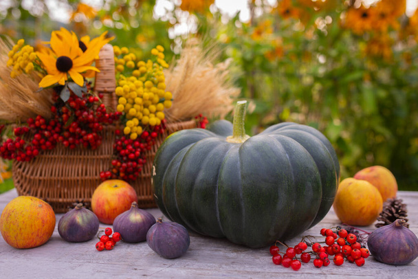Herbsternte. Kürbisse und Herbstfrüchte auf einem Holztisch im Garten. - Foto, Bild