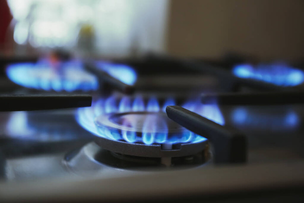 Gasbrenner mit blauer Flamme auf Haushaltsherd, Nahaufnahme - Foto, Bild