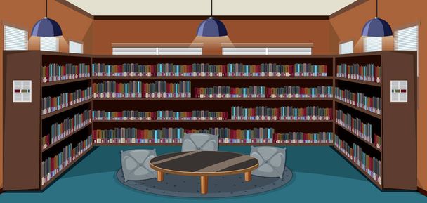 Порожній дизайн інтер'єру бібліотеки з ілюстрацією книжкових полиць
 - Вектор, зображення
