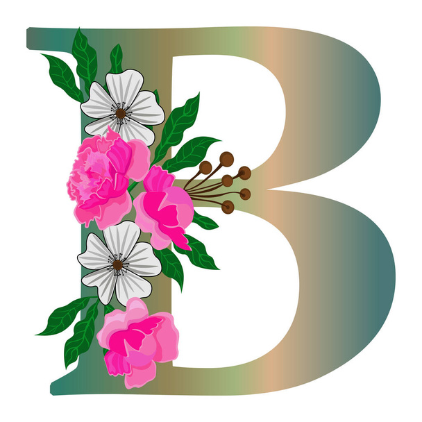 Letter B with flowers, isolated on white background. Isolated object, vector. - Vettoriali, immagini