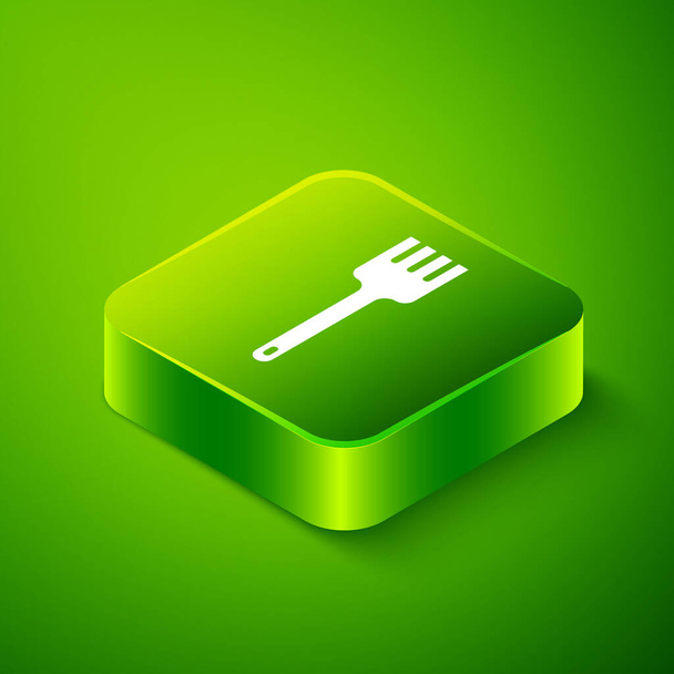Isometric Fork simgesi yeşil arkaplanda izole edildi. Çatal bıçak sembolü. Yeşil kare düğmesi. Vektör - Vektör, Görsel