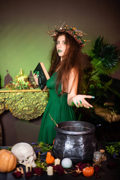 Witch with disheveled hair and long nails with a wreath of dry branches on her head, dressed in a green dress, posing with a black book with a pentagram on the cover standing  next to a cauldron. - Фото, зображення